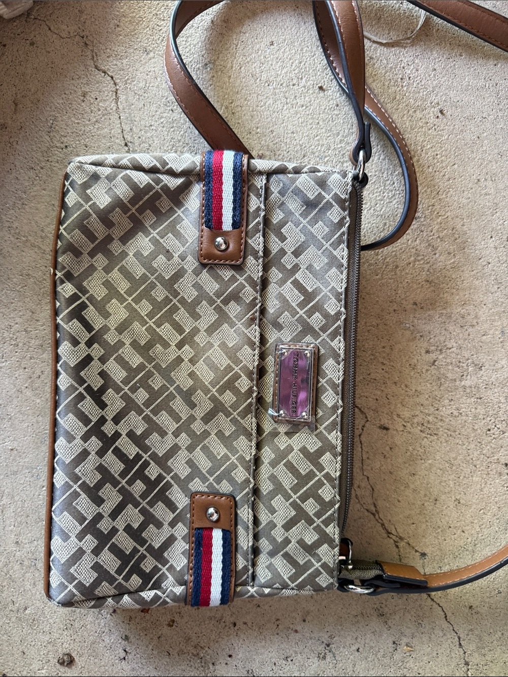 Tommy Hilfiger Beige & Brown Monogram Crossbody with Tricolor Accent